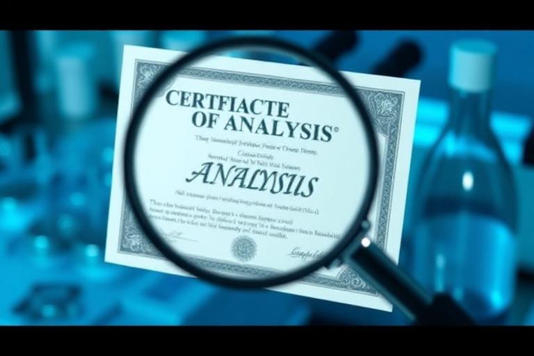 Verifying peptide Certificate of Analysis with magnifying glass examining COA document