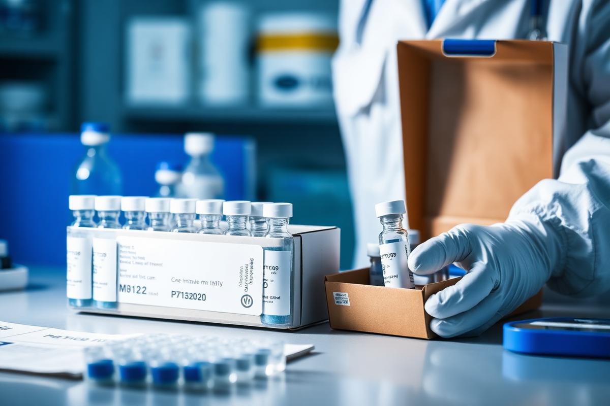 Scientist preparing peptide sample vials in shipping container for mail-in independent lab testing